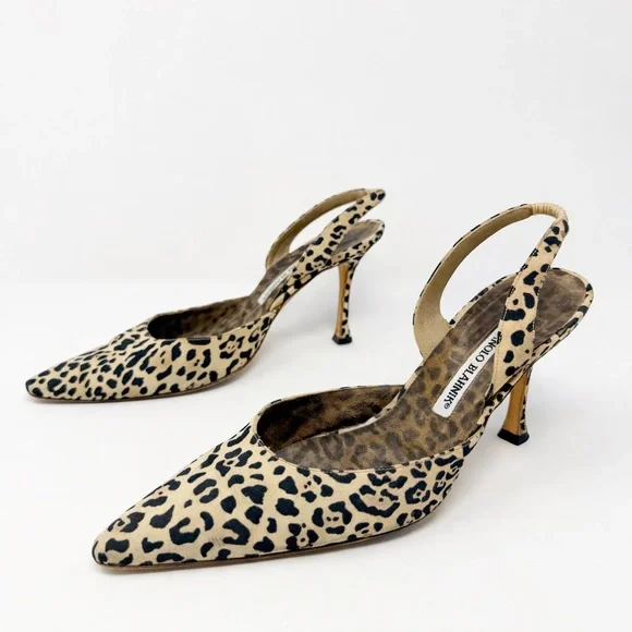 Manolo Blahnik Carolyne Leopard Print Canvas Slingback Heels Womens Size EU 38.5 - Picture 1 of 9